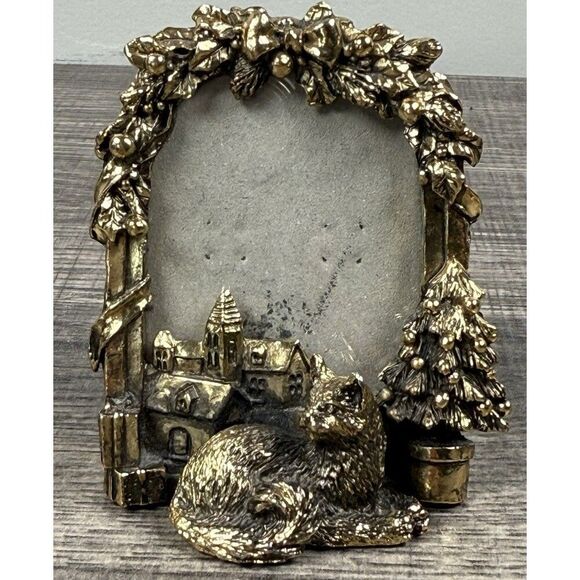 Vintage Gold Tone Brass Cat Christmas Mini Photo Frame 2.5”x3” Ornate - Picture 6 of 12
